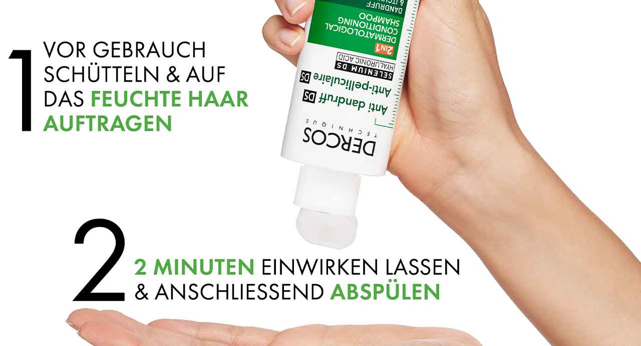 Text zur Anwendung von Vichy DERCOS: „Vor Gebrauch schütteln & auf das feuchte Haar auftragen; 2 Minuten einwirken lassen & anschließend abspülen“