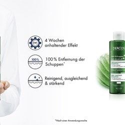 Person in weißem Kittel hält DERCOS Anti-Schuppen K Shampoo in der Hand und drei Eigenschaften des Shampoos