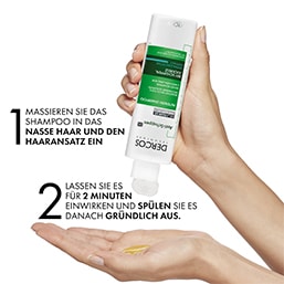 Anwendungsanleitung für Vichy Dercos Technique Anti-Schuppen DS Intensiv-Shampoo. Eine Hand hält die geöffnete Flasche, während Shampoo in die andere Hand gegeben wird.