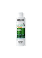 Flasche des Vichy Dercos Technique Anti-Schuppen DS Intensiv-Shampoos mit grün-weißem Etikett. Das Produkt enthält Selenium DS und Salicylsäure und ist für normale bis fettige Kopfhaut gegen Schuppen und Juckreiz geeignet