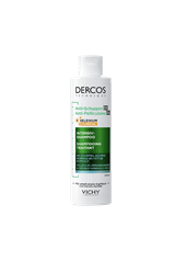 Flasche des Vichy Dercos Technique Anti-Schuppen DS Intensiv-Shampoos mit grün-weißem Etikett. Das Produkt enthält Selenium DS und Salicylsäure und ist für normale bis fettige Kopfhaut gegen Schuppen und Juckreiz geeignet