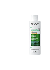 Flasche des Vichy Dercos Technique Anti-Schuppen DS Intensiv-Shampoos mit grün-weißem Etikett. Das Produkt enthält Selenium DS und Salicylsäure und ist für normale bis fettige Kopfhaut gegen Schuppen und Juckreiz geeignet