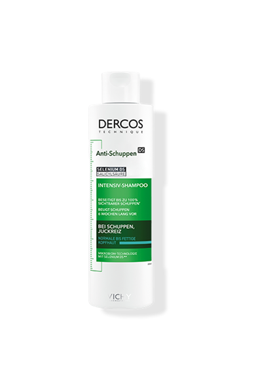 Flasche des Vichy Dercos Technique Anti-Schuppen DS Intensiv-Shampoos mit grün-weißem Etikett. Das Produkt enthält Selenium DS und Salicylsäure und ist für normale bis fettige Kopfhaut gegen Schuppen und Juckreiz geeignet