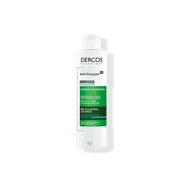 Flasche des Vichy Dercos Technique Anti-Schuppen DS Intensiv-Shampoos mit grün-weißem Etikett. Das Produkt enthält Selenium DS und Salicylsäure und ist für normale bis fettige Kopfhaut gegen Schuppen und Juckreiz geeignet