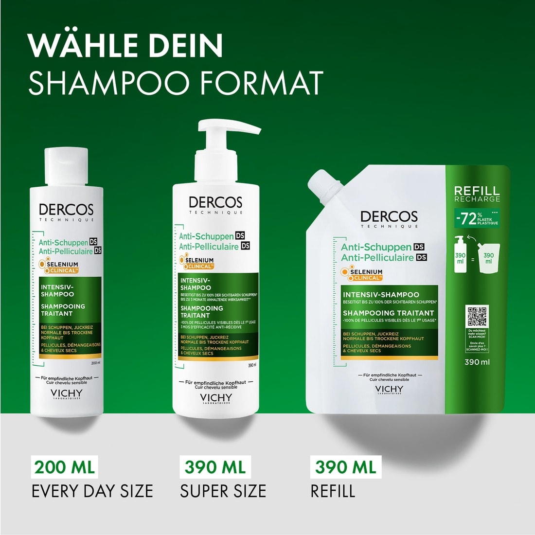 Vichy Dercos Anti-Schuppen Intensiv-Shampoo in 200 ml, 390 ml mit Pumpspender und 390 ml Nachfüllpackung.