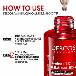 So wendest Du das Serum an: Teile dein Haar in 4 Bereiche und trage je Abschnitt eine Pipette auf, wiederhole das 5 bis 7 mal pro Woche auf trockener oder feuchter Kopfhaut
