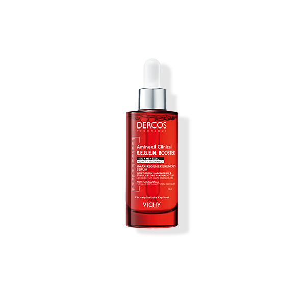 VICHY DERCOS R.E.G.E.N. Anti-Haarausfall-Serum in roter Verpackung mit Pumpspender.