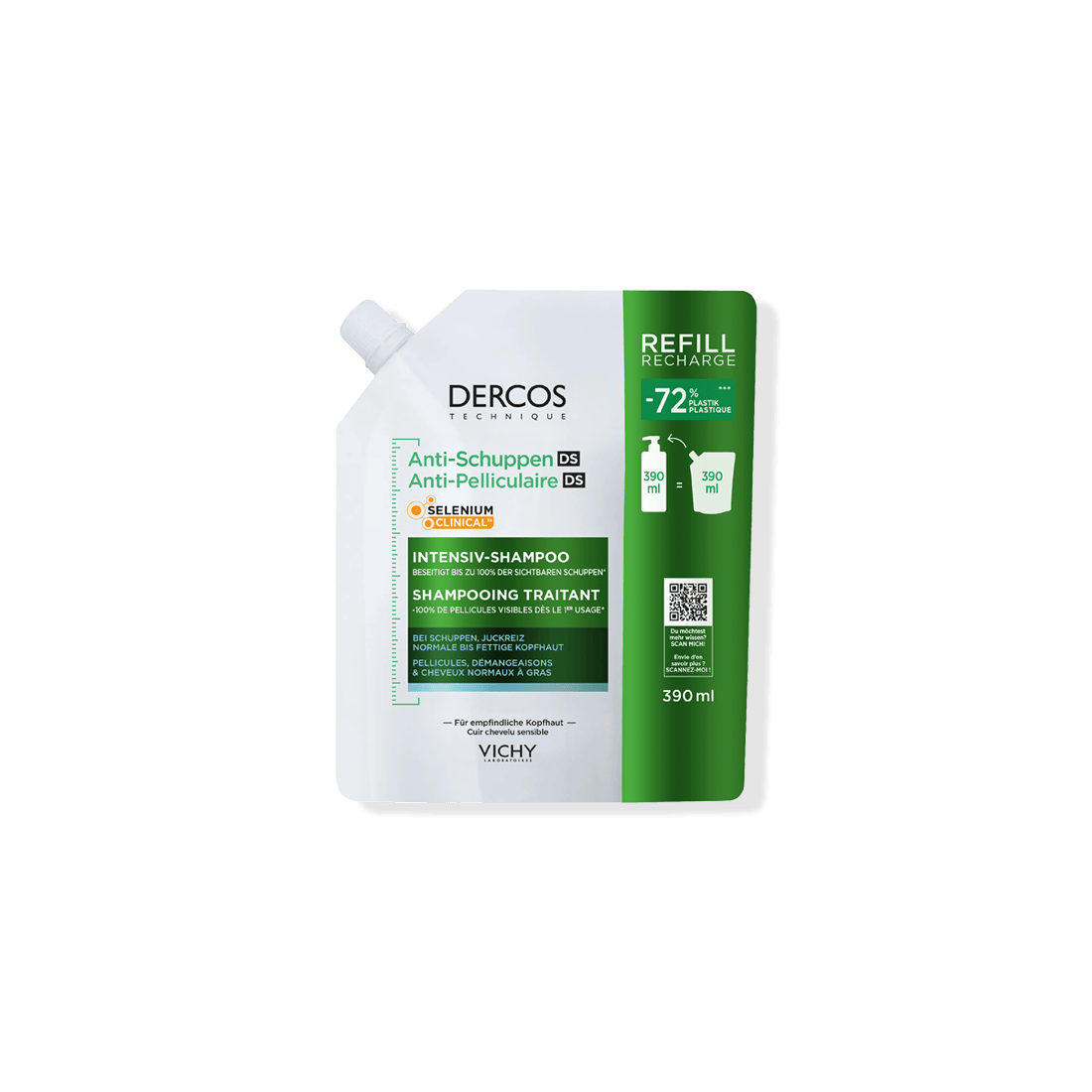 Vichy Dercos Anti-Schuppen Refill 390 ml für normales bis fettiges Haar mit Selenium Clinical.