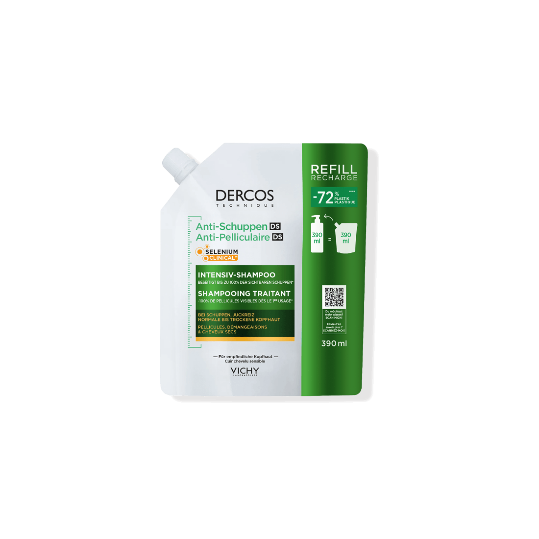 Vichy Dercos Anti-Schuppen Intensiv-Shampoo als 390-ml-Nachfüllpackung mit 72 % weniger Plastik.
