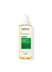 Flasche des Anti-Schuppen Water to Foam Shampoos von Vichy Dercos. Mit Applikator für gezielte Kopfhautpflege.