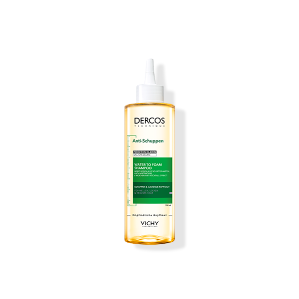 Flasche des Anti-Schuppen Water to Foam Shampoos von Vichy Dercos. Mit Applikator für gezielte Kopfhautpflege.