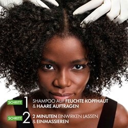 Anwendungsschritte. Shampoo auf feuchte Kopfhaut auftragen. Zwei Minuten einwirken lassen. Einmassieren und ausspülen.