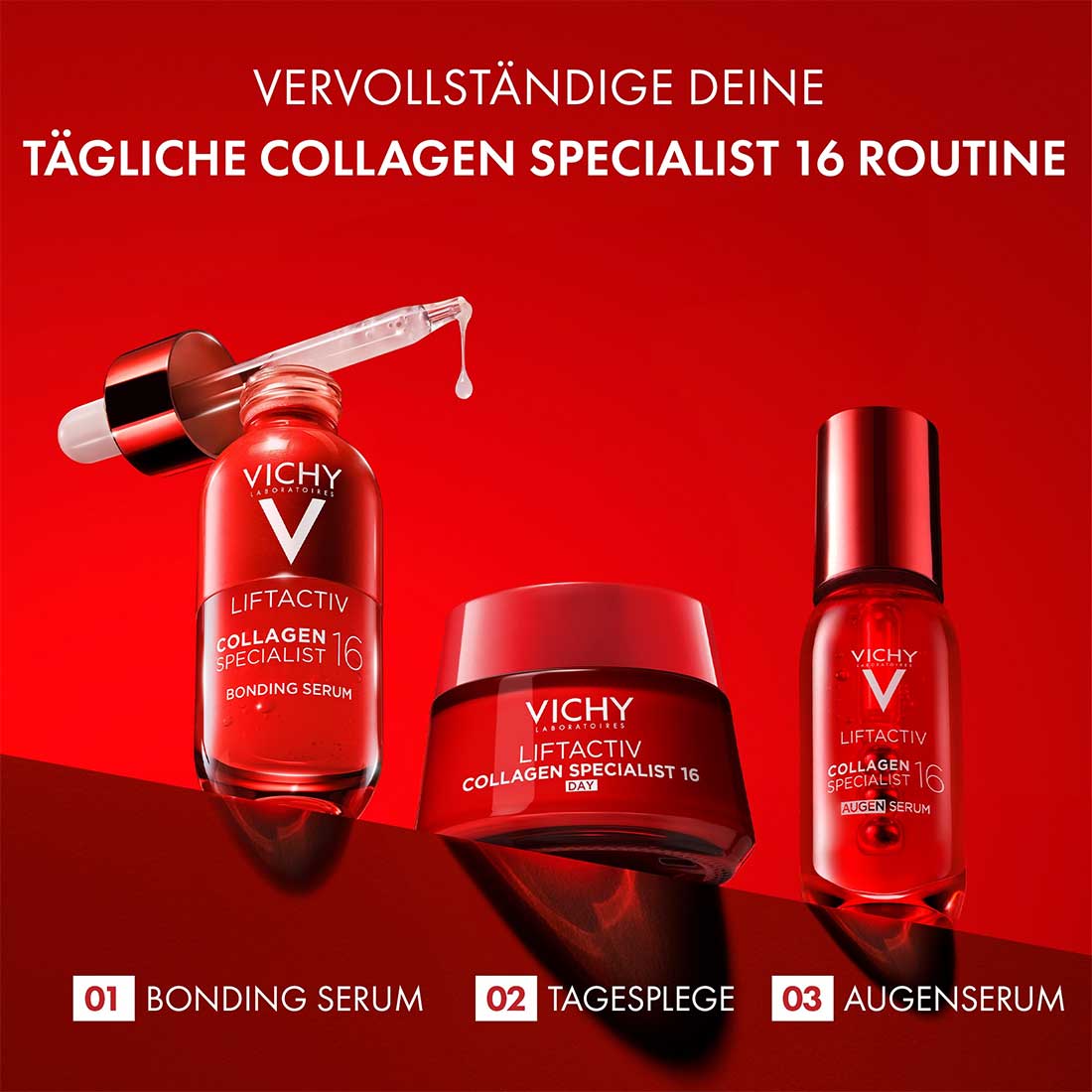 Drei rote Vichy Liftactiv Collagen Specialist 16 Produkte – Bonding Serum, Tagespflege und Augenserum – vor rotem Hintergrund als tägliche Pflegeroutine dargestellt.
