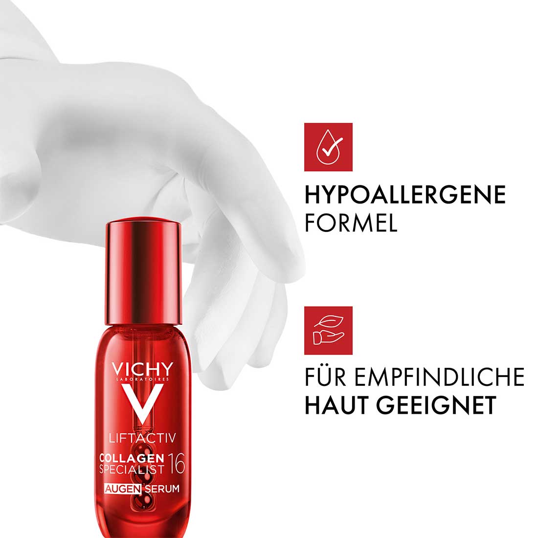 Das Vichy Collagen Specialist 16 Augenserum hat eine hypoallergene Formel und ist für empfindliche Haut geeignet.