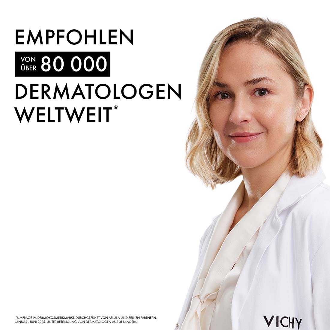 Werbeanzeige Vichy mit Ärztin im weißen Kittel und Schriftzug „Empfohlen von über 80 000 Dermatologen weltweit“