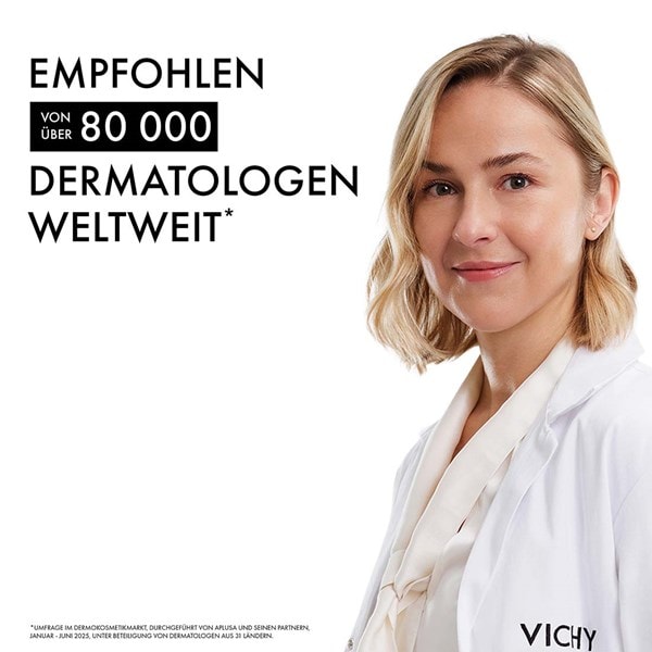 Werbeanzeige Vichy mit Ärztin im weißen Kittel und Schriftzug „Empfohlen von über 80 000 Dermatologen weltweit“