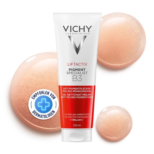 Vichy Liftactiv Pigment Specialist B3 Peeling-Reinigungsgel in weiß-roter Tube vor beigefarbenen Gel-Tropfen mit Siegel „Empfohlen von Dermatologen“