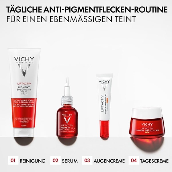 Vichy Liftactiv Pigment Specialist B3 Pflegeroutine mit Reinigungsgel, Serum, Augencreme und Tagescreme, darüber Schriftzug „Tägliche Anti-Pigmentflecken-Routine für einen ebenmäßigen Teint“