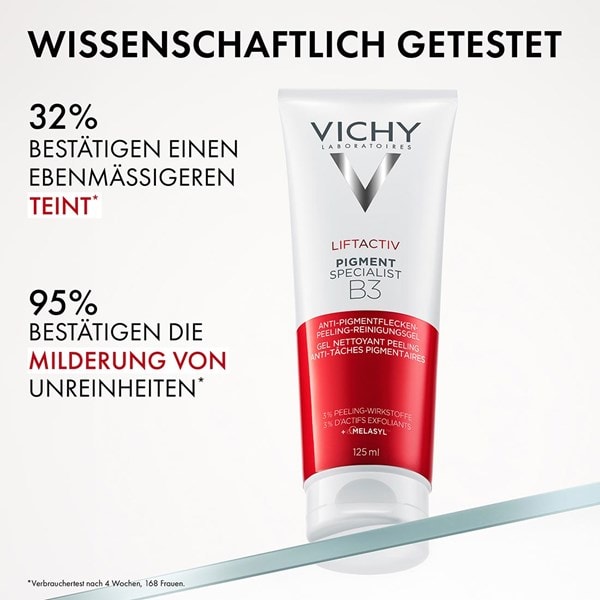 Vichy Liftactiv Pigment Specialist B3 Peeling-Reinigungsgel-Tube mit Text „Wissenschaftlich getestet“, „32 % bestätigen einen ebenmäßigeren Teint“ und „95 % bestätigen die Milderung von Unreinheiten“