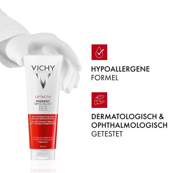 Hand in weißem Handschuh hält Vichy Liftactiv Pigment Specialist B3 Peeling-Reinigungsgel, daneben Icons und Text „Hypoallergene Formel“ sowie „Dermatologisch & ophthalmologisch getestet“