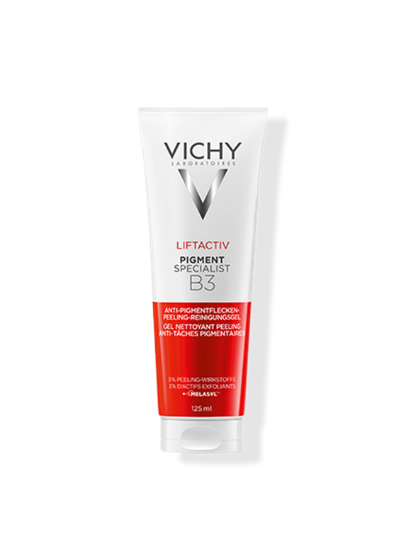 Vichy Liftactiv Pigment Specialist B3 Peeling-Reinigungsgel in weiß-roter Tube, Vorderansicht