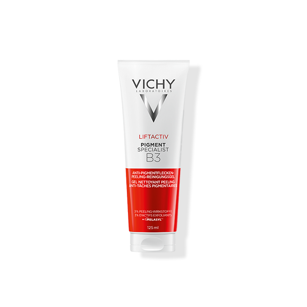 Vichy Liftactiv Pigment Specialist B3 Peeling-Reinigungsgel in weiß-roter Tube, Vorderansicht