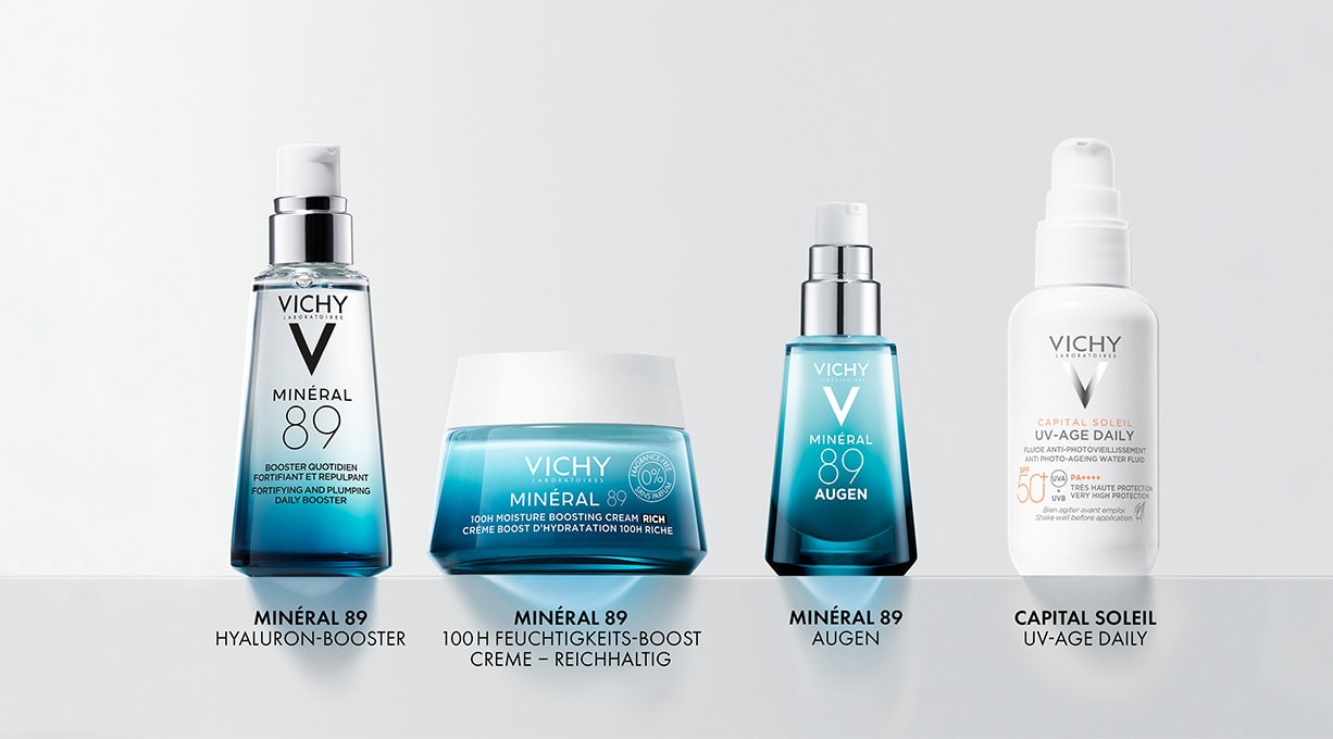 Drei Produkte der MINÉRAL 89-Produktreihe und ein UV-AGE DAILY Sonnenfluid von Vichy