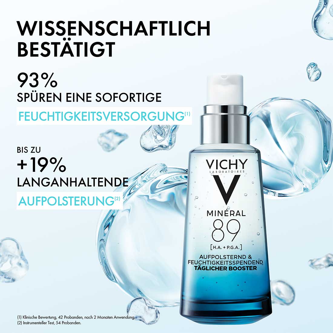 Vichy Minéral 89 täglicher Booster vor Wasserblasen, Text im Bild: wissenschaftlich bestätigt, 93 % sofortige Feuchtigkeitsversorgung, bis zu +19 % langanhaltende Aufpolsterung