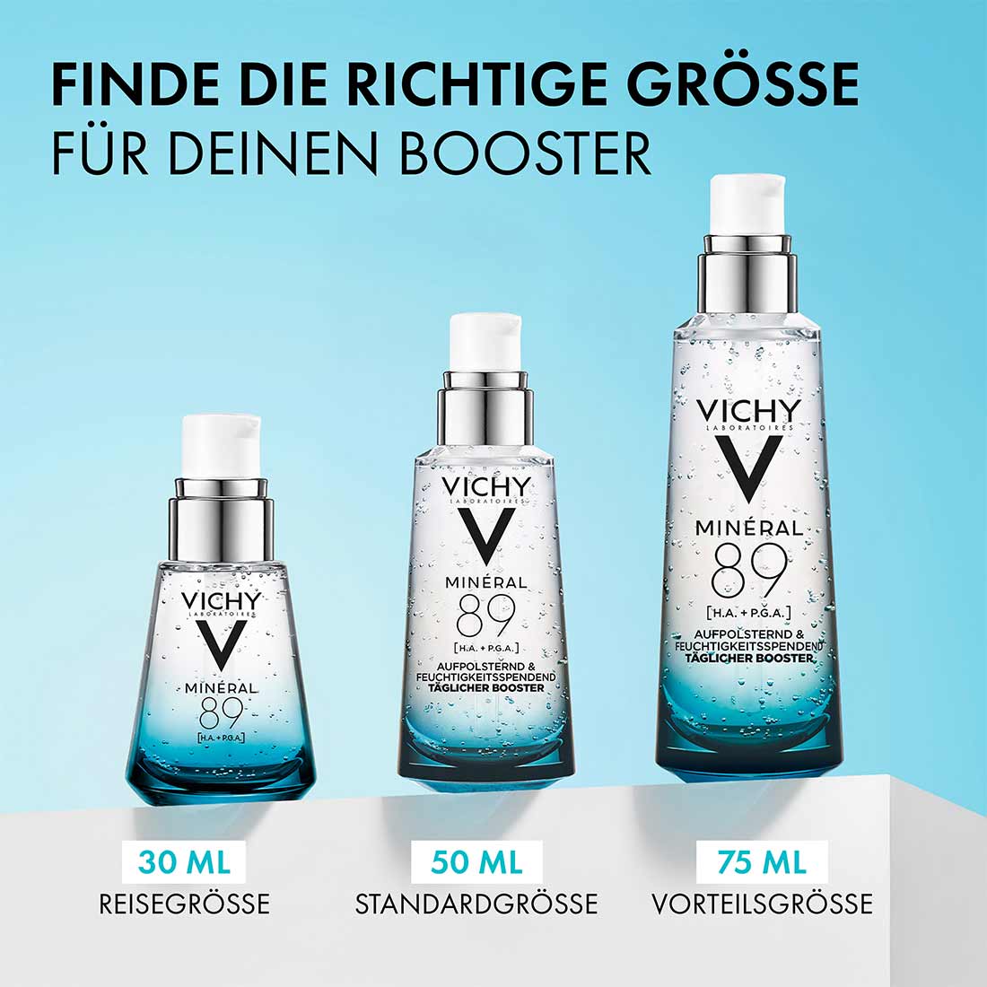 Drei Vichy Minéral 89 Boosterflaschen in 30, 50 und 75 ml, Text im Bild: passende Größe wählen, Reisegröße, Standardgröße, Vorteilsgröße