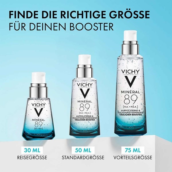 Drei Vichy Minéral 89 Boosterflaschen in 30, 50 und 75 ml, Text im Bild: passende Größe wählen, Reisegröße, Standardgröße, Vorteilsgröße
