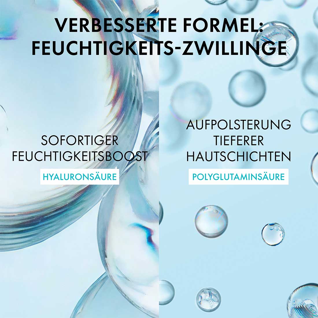 Wasserblasen vor hellem Hintergrund, Text im Bild: verbesserte Formel, Feuchtigkeits-Zwillinge, sofortiger Feuchtigkeitsboost durch Hyaluronsäure, Aufpolsterung tieferer Hautschichten durch Polyglutaminsäure