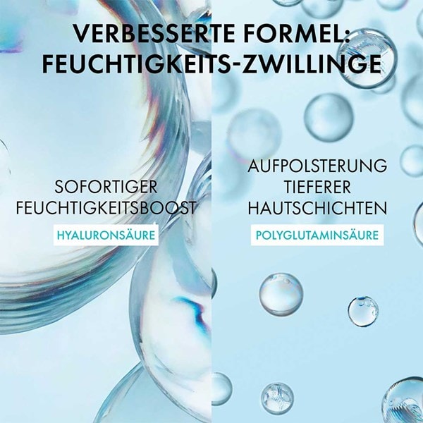 Wasserblasen vor hellem Hintergrund, Text im Bild: verbesserte Formel, Feuchtigkeits-Zwillinge, sofortiger Feuchtigkeitsboost durch Hyaluronsäure, Aufpolsterung tieferer Hautschichten durch Polyglutaminsäure