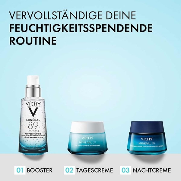 Vichy Minéral 89 Booster, Tagescreme und Nachtcreme nebeneinander, Text im Bild: feuchtigkeitsspendende Routine vervollständigen, Booster, Tagescreme, Nachtcreme