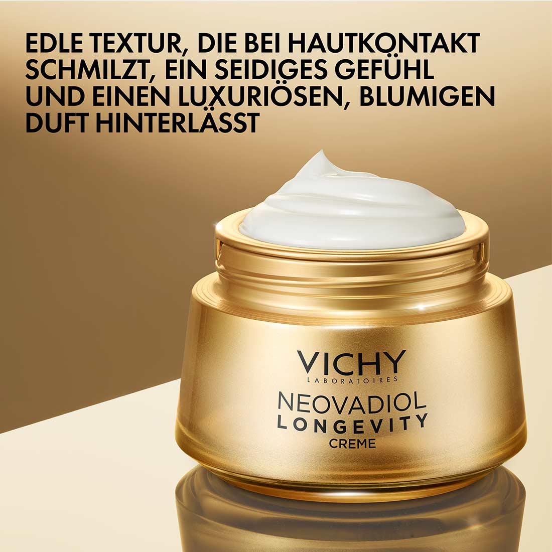 Geöffneter goldener Tiegel Vichy Neovadiol Longevity mit weißer Creme.