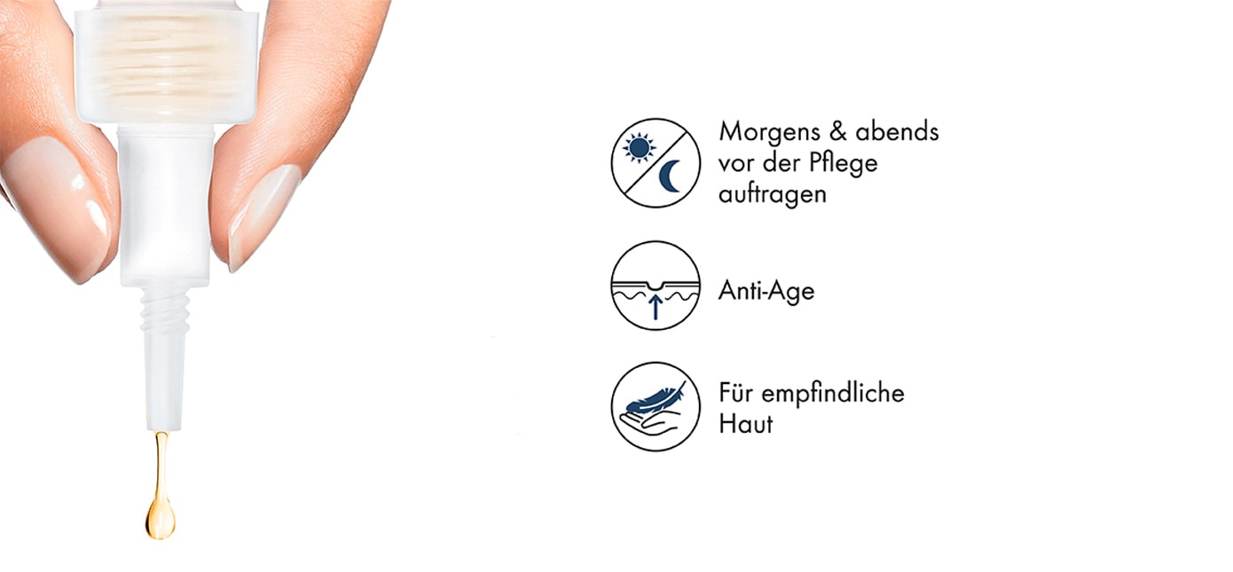 Zwei Finger drücken einen Tropfen NEOVADIOL Serum heraus und drei Eigenschaften des Serums