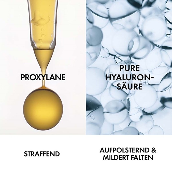 Illustration der Wirkstoffe Proxylane und pure Hyaluronsäure, mit Beschreibungen 'straffend' sowie 'aufpolsternd und mildert Falten'