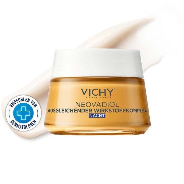 Vichy Neovadiol Revitalisierende Nachtcreme mit ausgleichendem Wirkstoffkomplex, daneben Textsiegel: empfohlen von Dermatologen.
