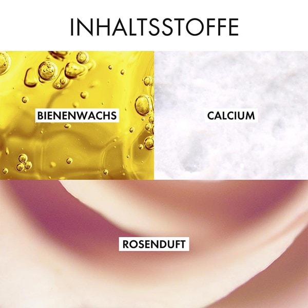Inhaltsstoffe von Vichy Neovadiol Rose Platinium Nacht: Bienenwachs, Calcium und Rosenduft in drei Bildfeldern