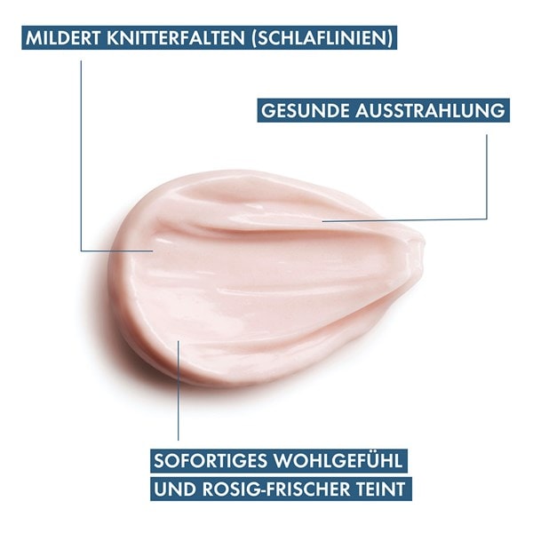 Rosige Textur von Vichy Neovadiol Rose Platinium Nacht mit Text: mildert Knitterfalten, gesunde Ausstrahlung, sofortiges Wohlgefühl und rosig-frischer Teint