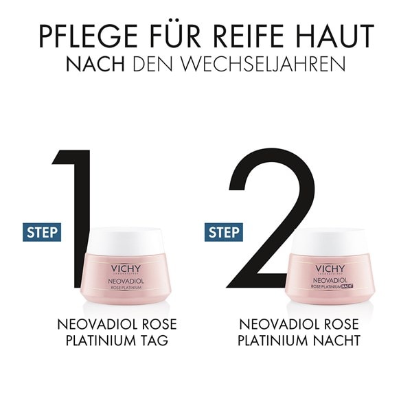 Pflegeroutine für reife Haut nach den Wechseljahren – Schritt 1 Neovadiol Rose Platinium Tag, Schritt 2 Neovadiol Rose Platinium Nacht