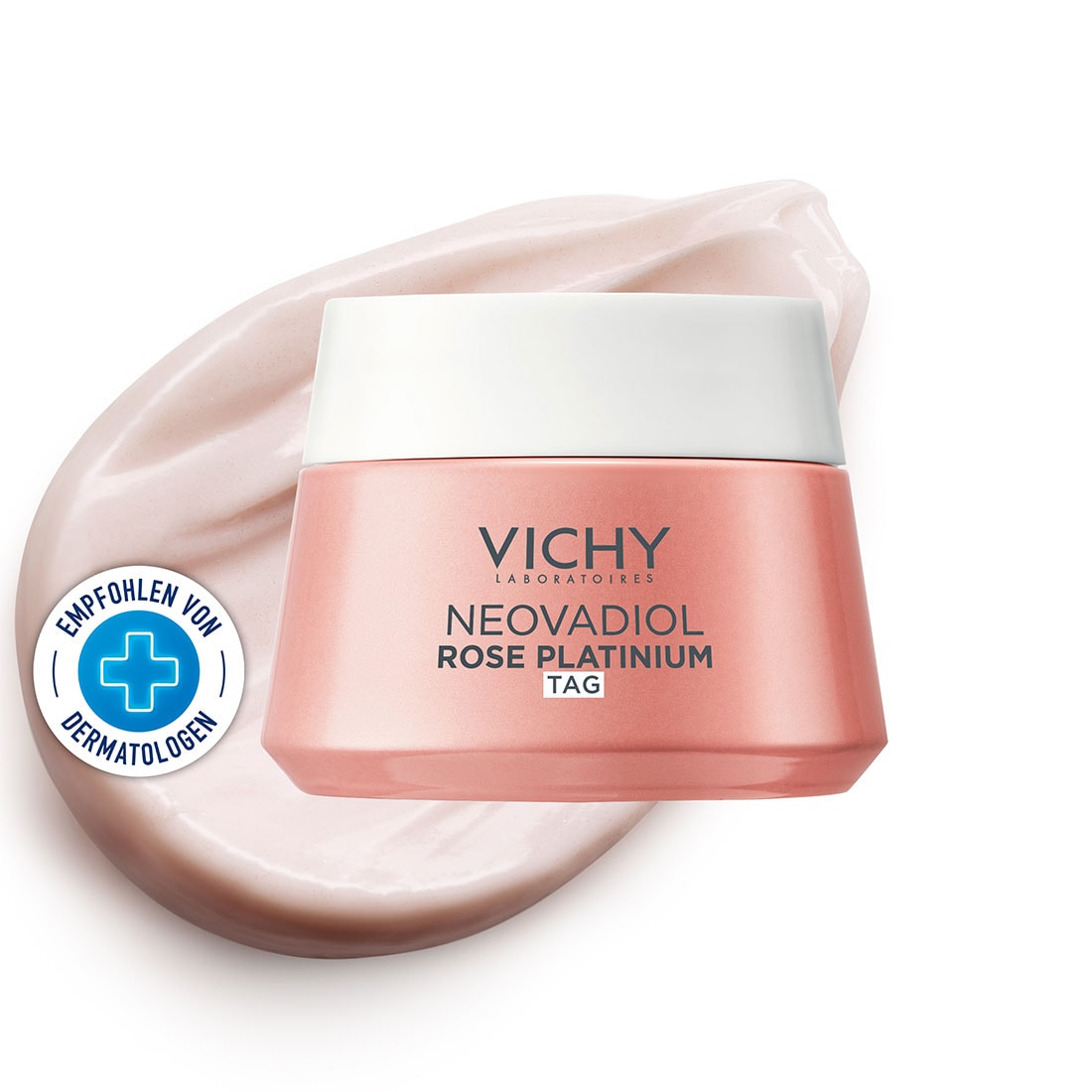 Vichy Neovadiol Rose Platinium Tag – rosige Tagescreme im Tiegel mit sichtbarer Textur, empfohlen von Dermatologen