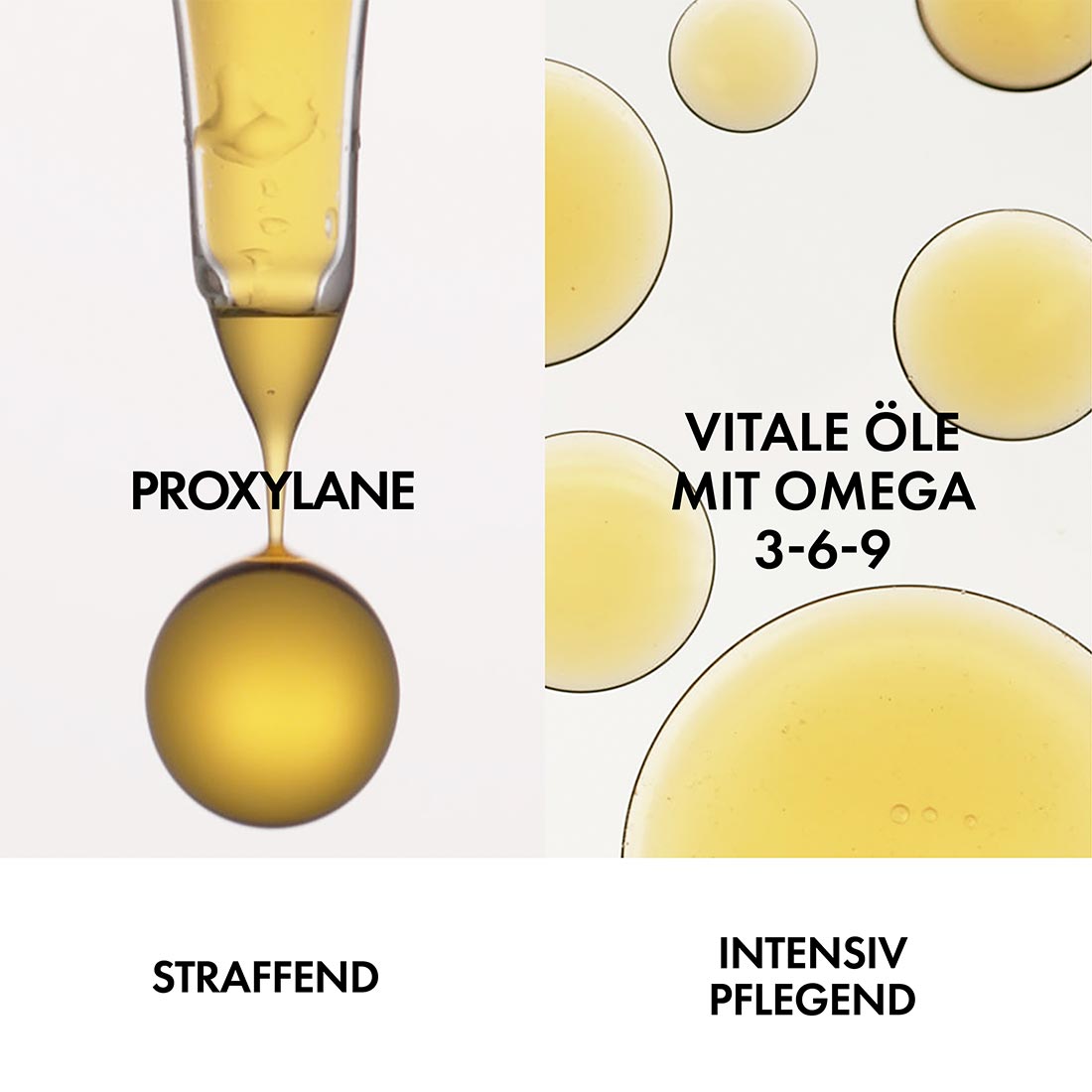 Gelb-goldene Tropfen von Proxylane und vitalen Ölen mit Omega 3-6-9, die die straffende und intensiv pflegende Wirkung von Vichy Neovadiol veranschaulichen.