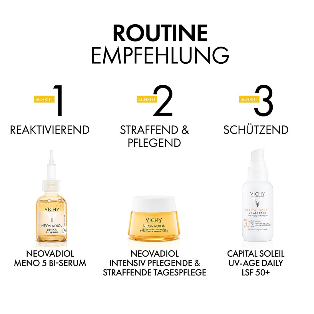 Vichy Neovadiol Pflegeroutine in drei Schritten: Serum, straffende Tagespflege und Sonnenschutz LSF 50