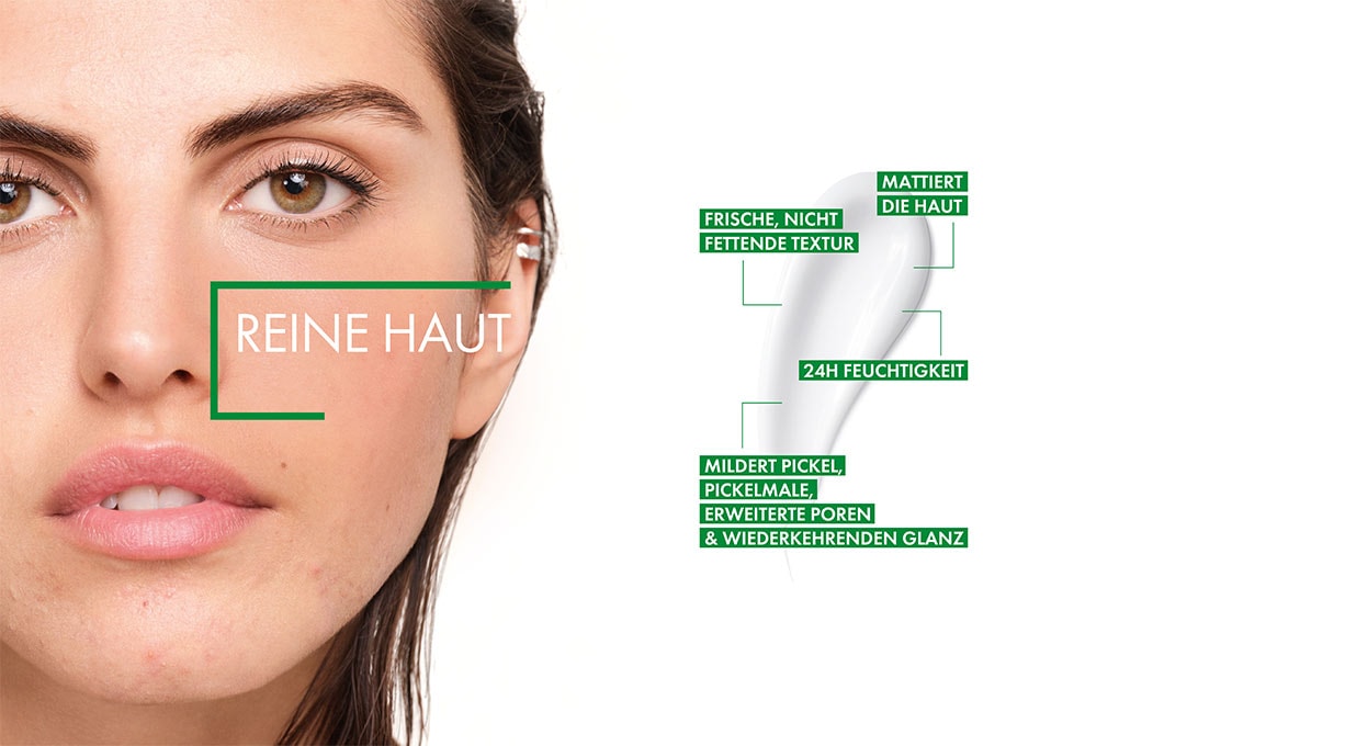 Gesicht einer Frau mit der Aufschrift „reine Haut“ und mehrere Vorteile einer Creme