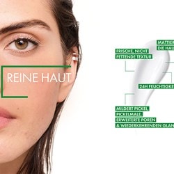 Gesicht einer Frau mit der Aufschrift „reine Haut“ und mehrere Vorteile einer Creme