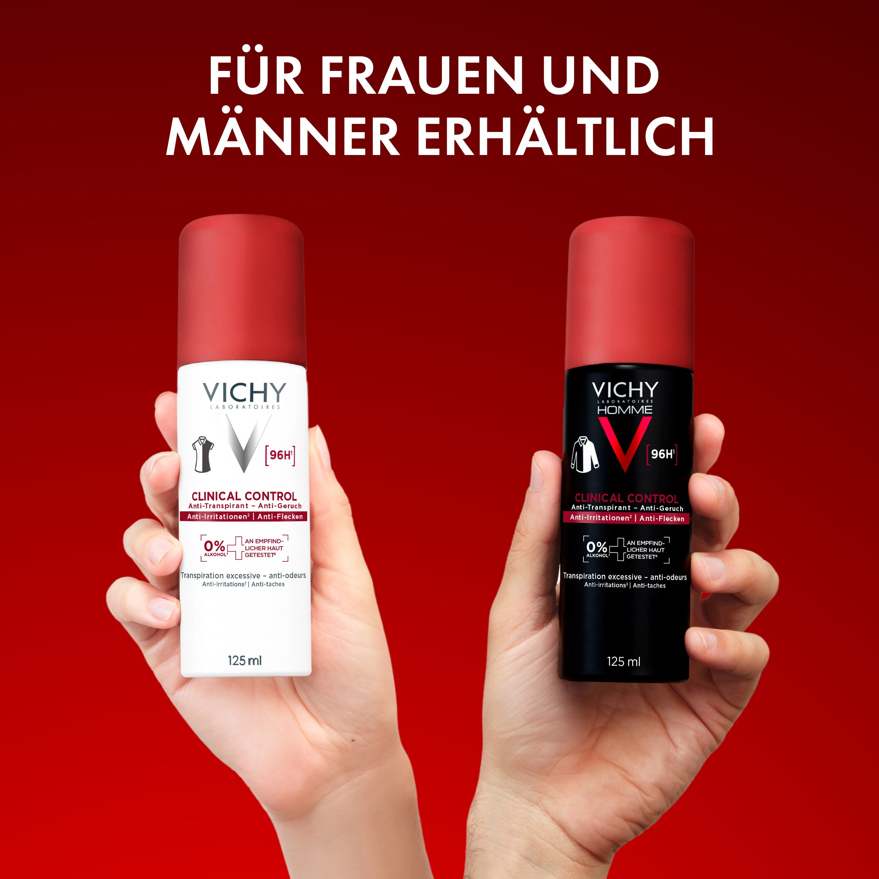 Zwei Hände halten Vichy Clinical Control Deodorants für Frauen und Männer, Text im Bild: für Frauen und Männer erhältlich