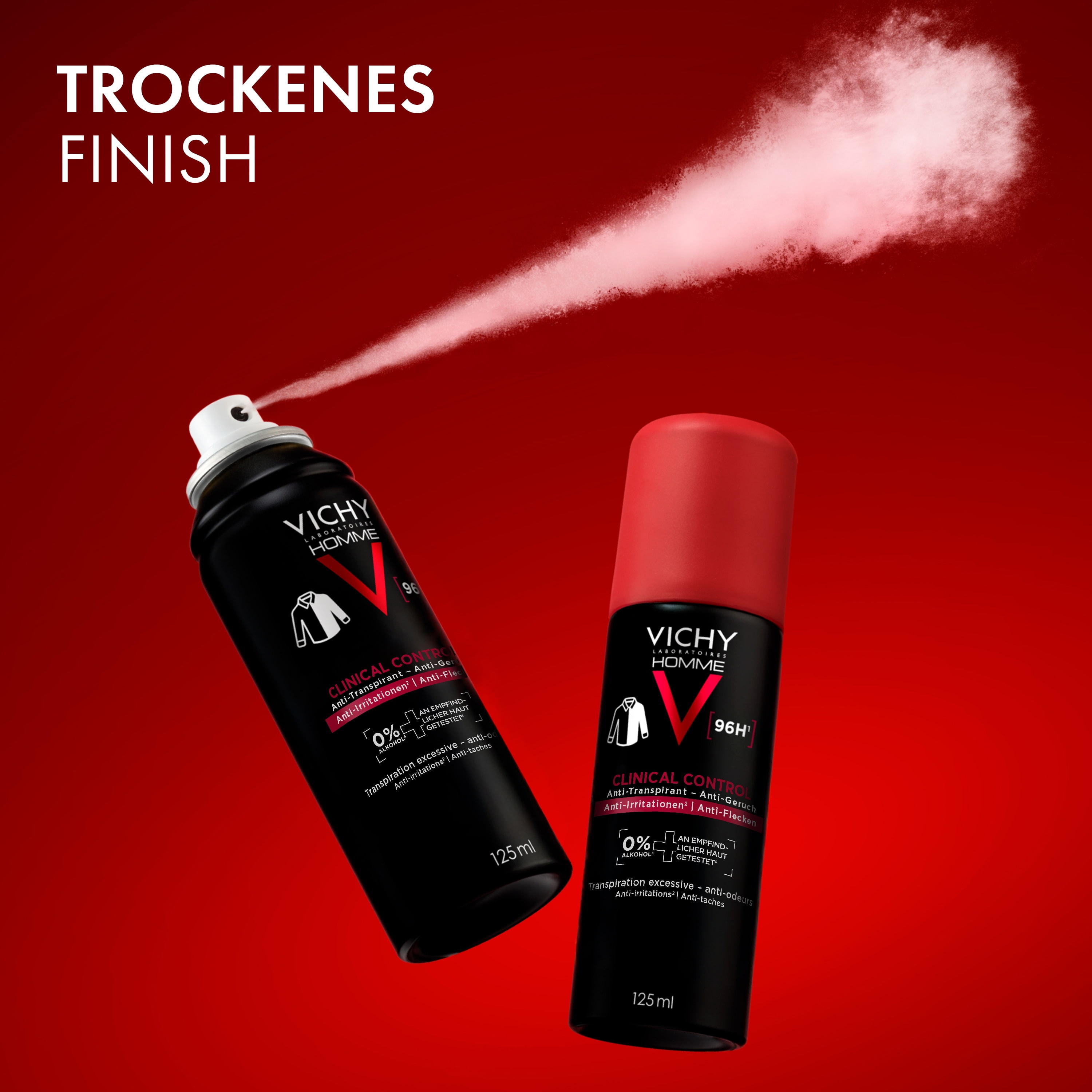 Vichy Homme Clinical Control Deodorant-Spray sprüht feinen Nebel neben einem zweiten Spray, Text im Bild: trockenes Finish