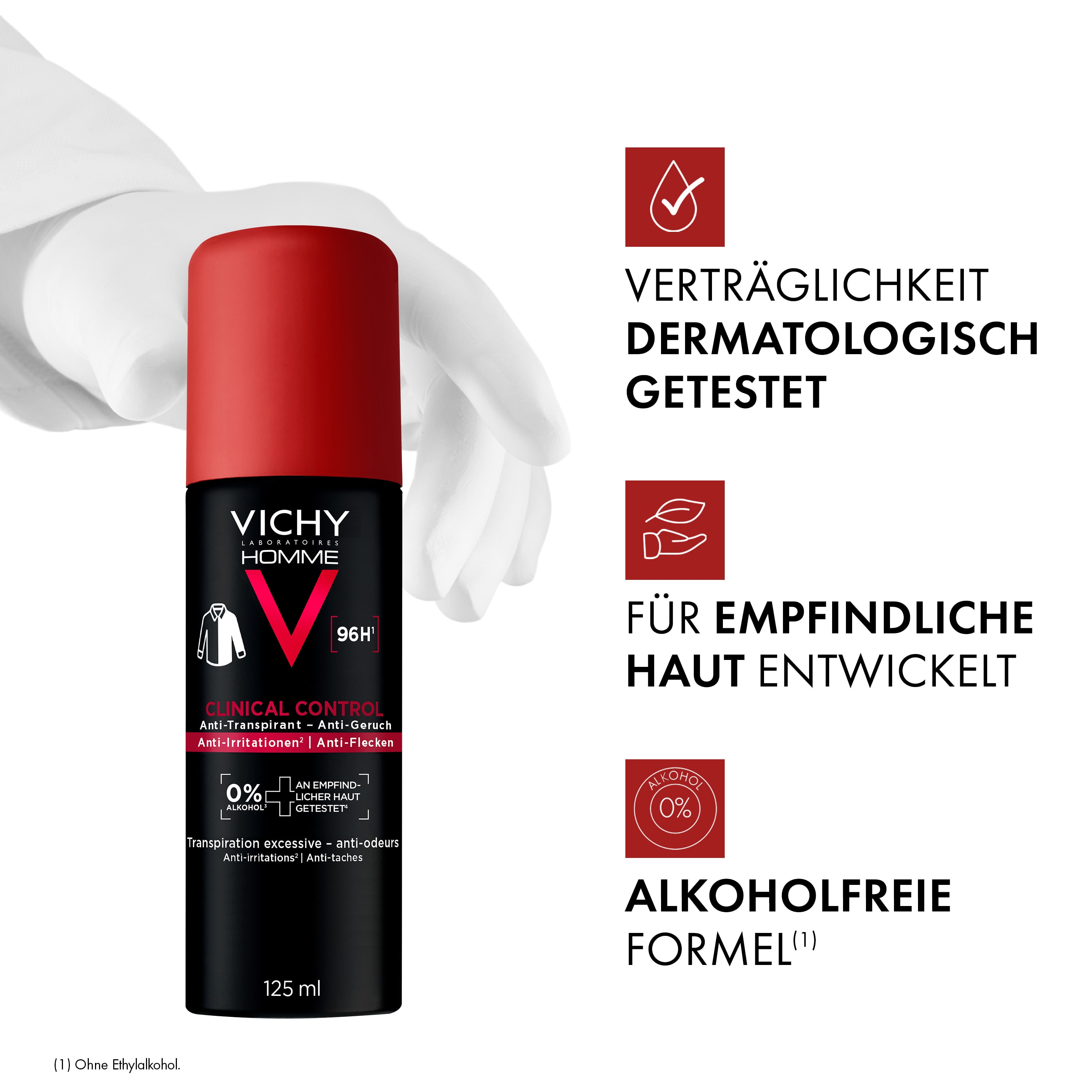 Vichy Homme Clinical Control Deodorant in weiß behandschuhter Hand, Text im Bild: dermatologisch getestet, für empfindliche Haut, alkoholfreie Formel