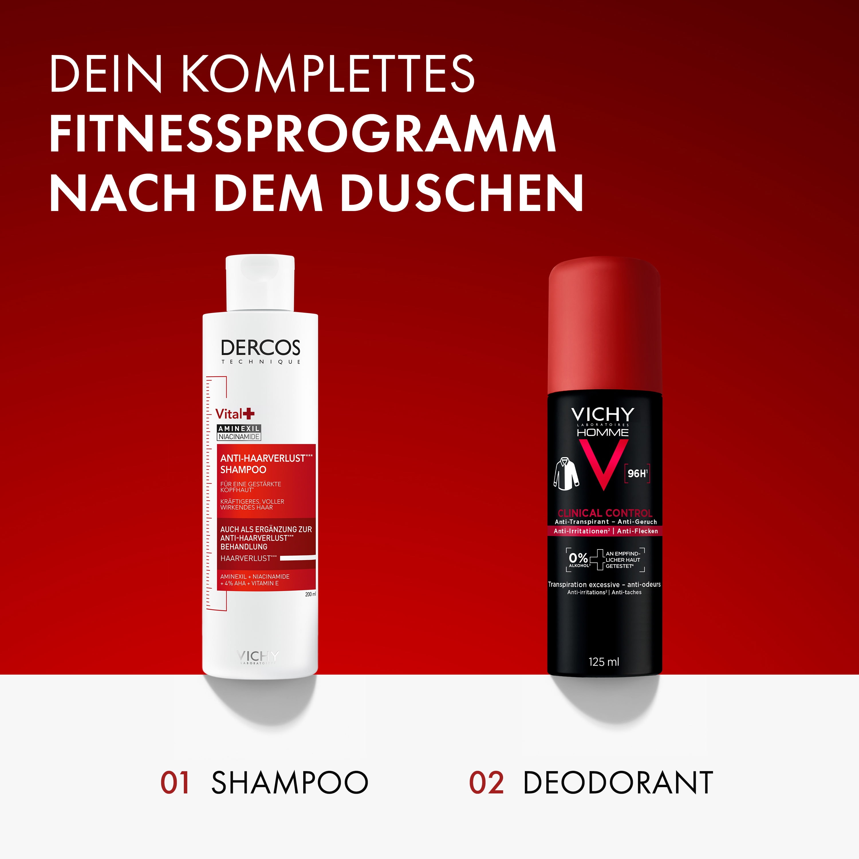 Vichy Dercos Anti-Haarverlust Shampoo und Vichy Homme Clinical Control Deodorant, Text im Bild: komplettes Fitnessprogramm nach dem Duschen