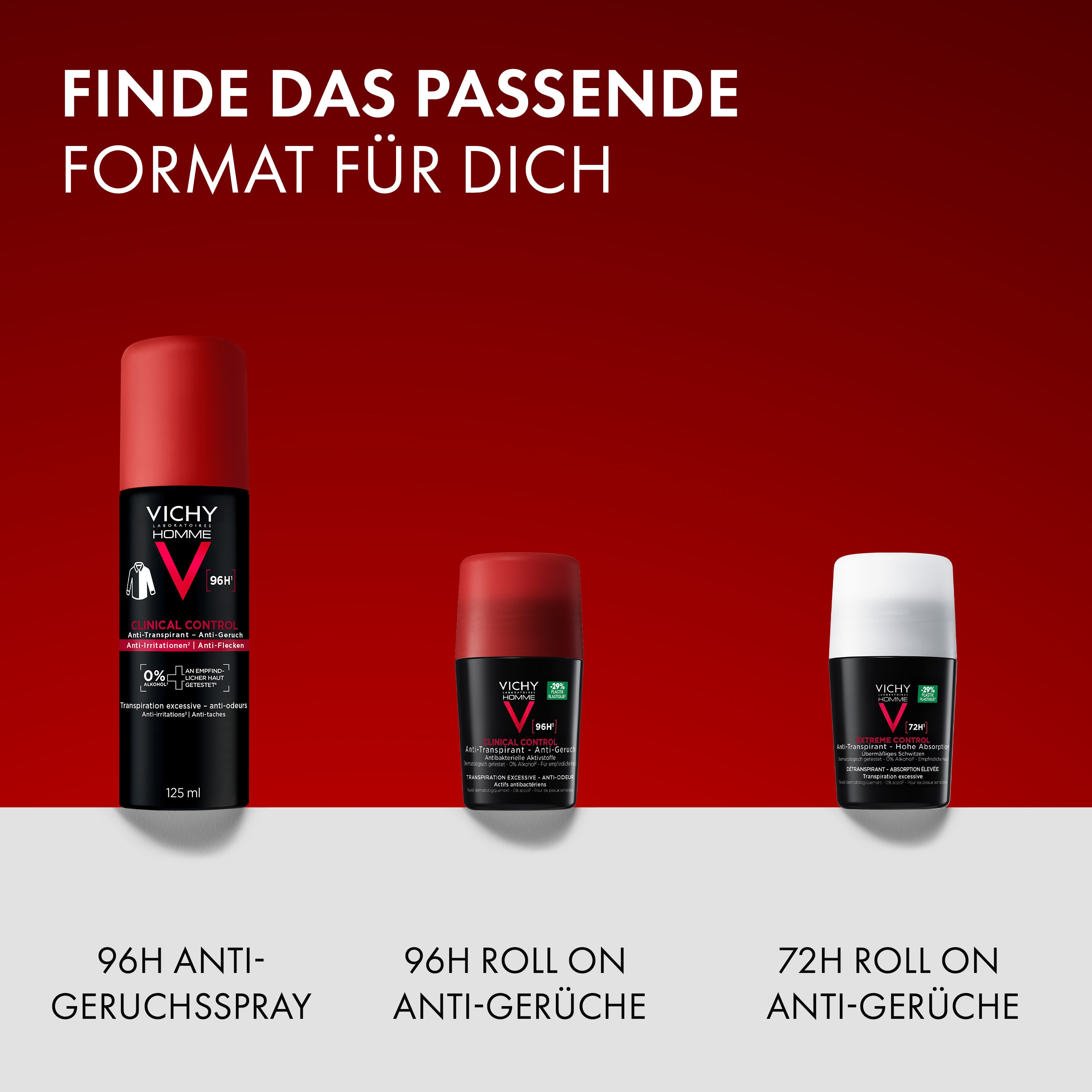 Drei Vichy Homme Deodorants in verschiedenen Formaten, Text im Bild: passendes Format wählen, 96h Spray, 96h Roll-on, 72h Roll-on